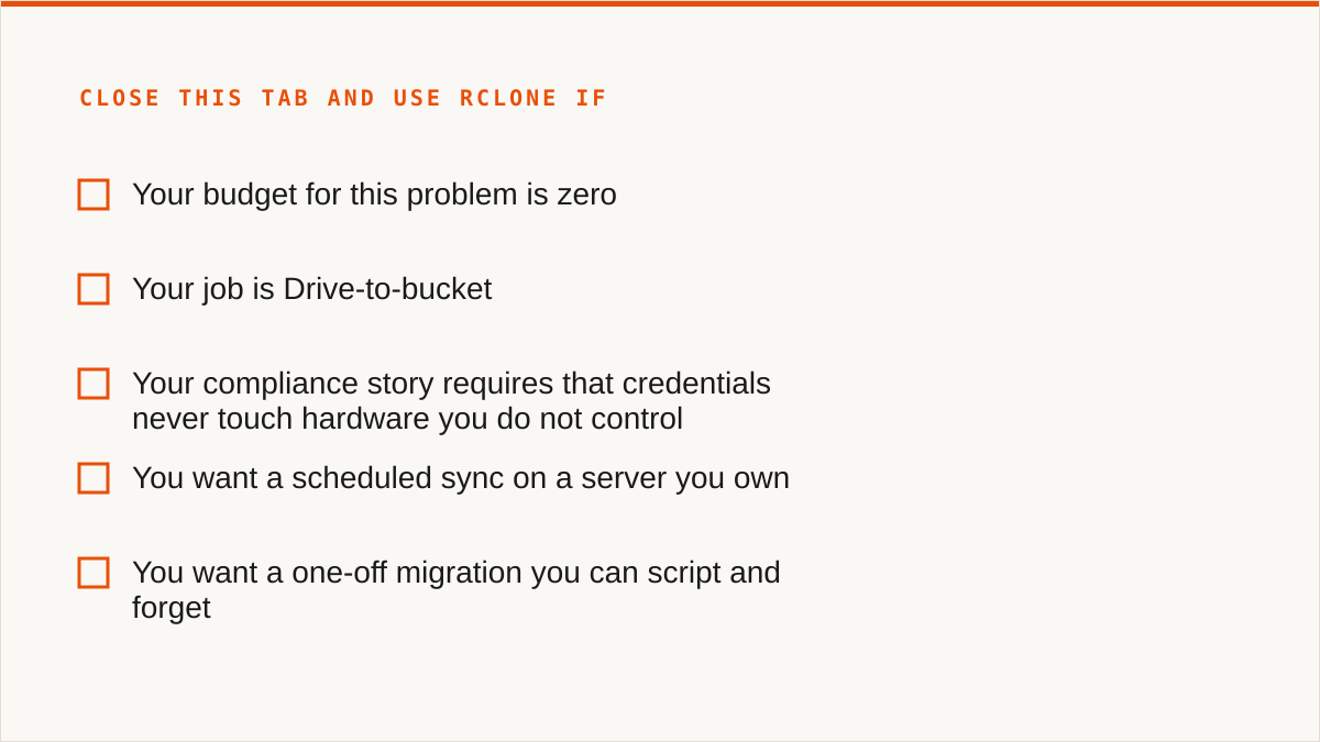 Close this tab and use rclone if